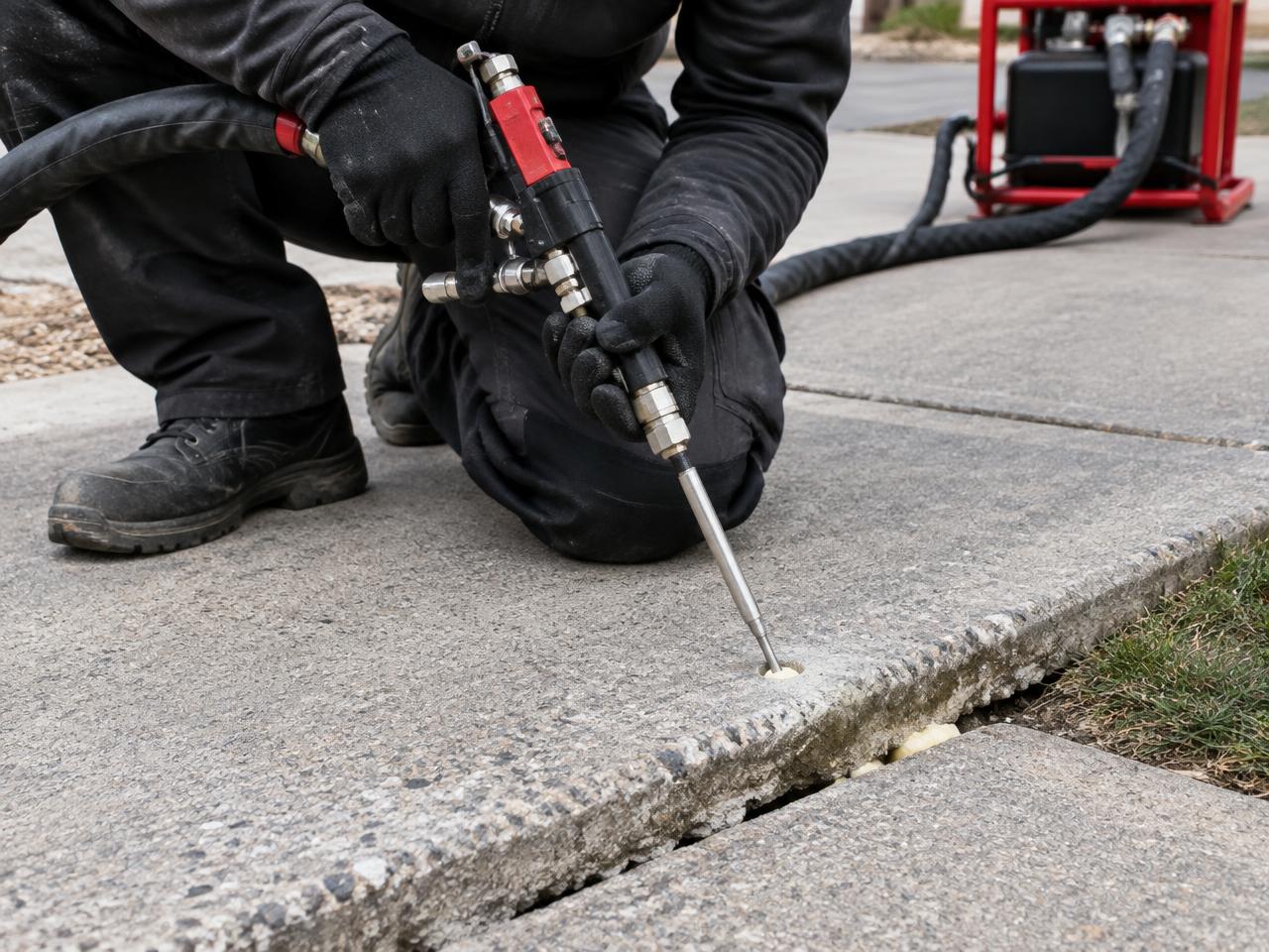 Technician injecting polyurethane foam under a sunken slab