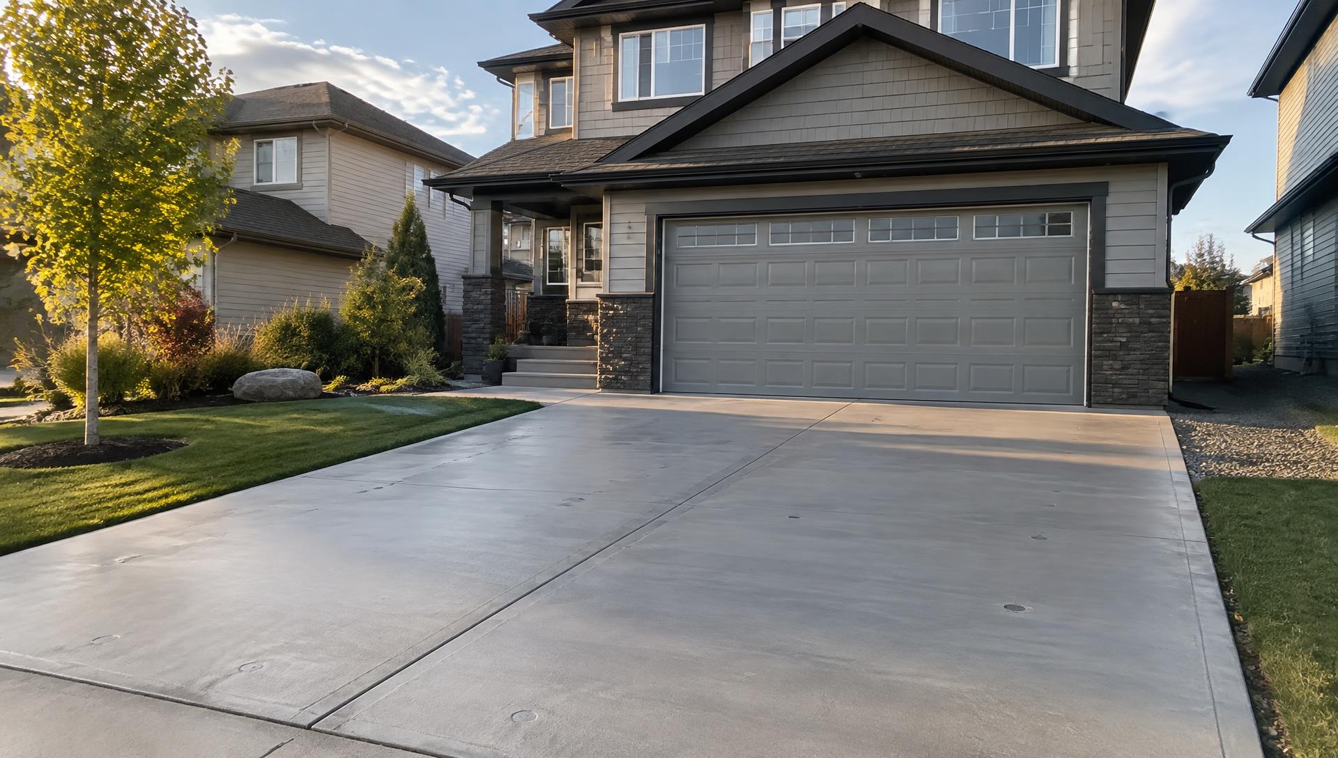 Freshly levelled concrete driveway in front of an Edmonton home
