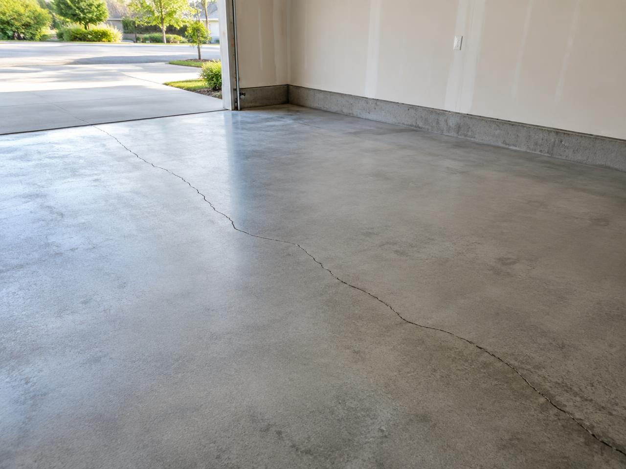 Garage concrete floor slab with a settlement crack