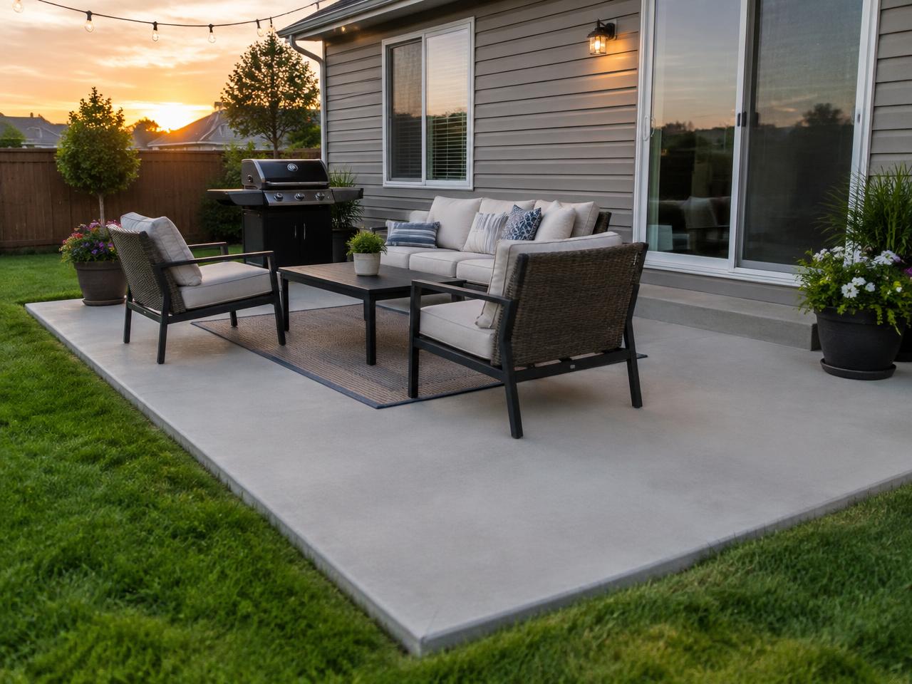 Backyard concrete patio slab with outdoor furniture