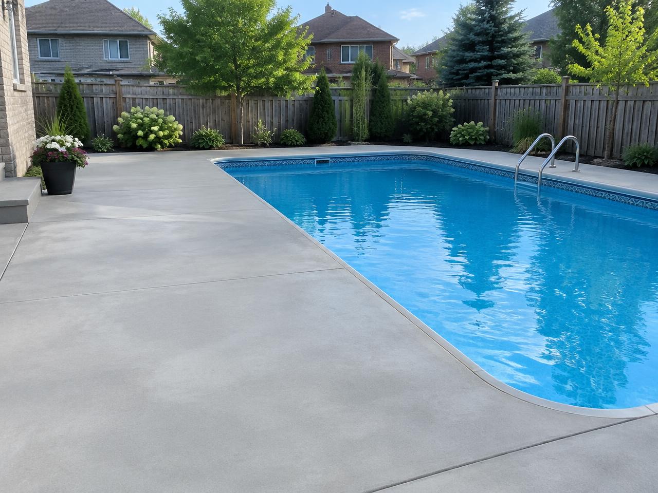 Concrete pool deck surrounding a backyard pool